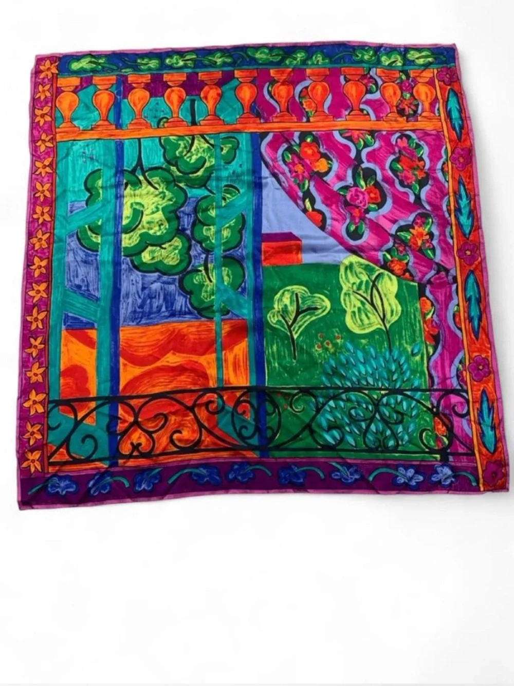 Adrienne Vittadini Vibrant Multicolor Abstract Scenic Silk Scarf 80s 90s 34x34